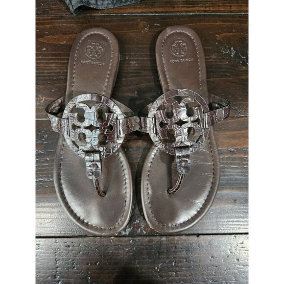 EUC Tory Burch Miller Dark Brown Croc Embossed Thong Sandal/Sz. 7.5M - Picture 8 of 11